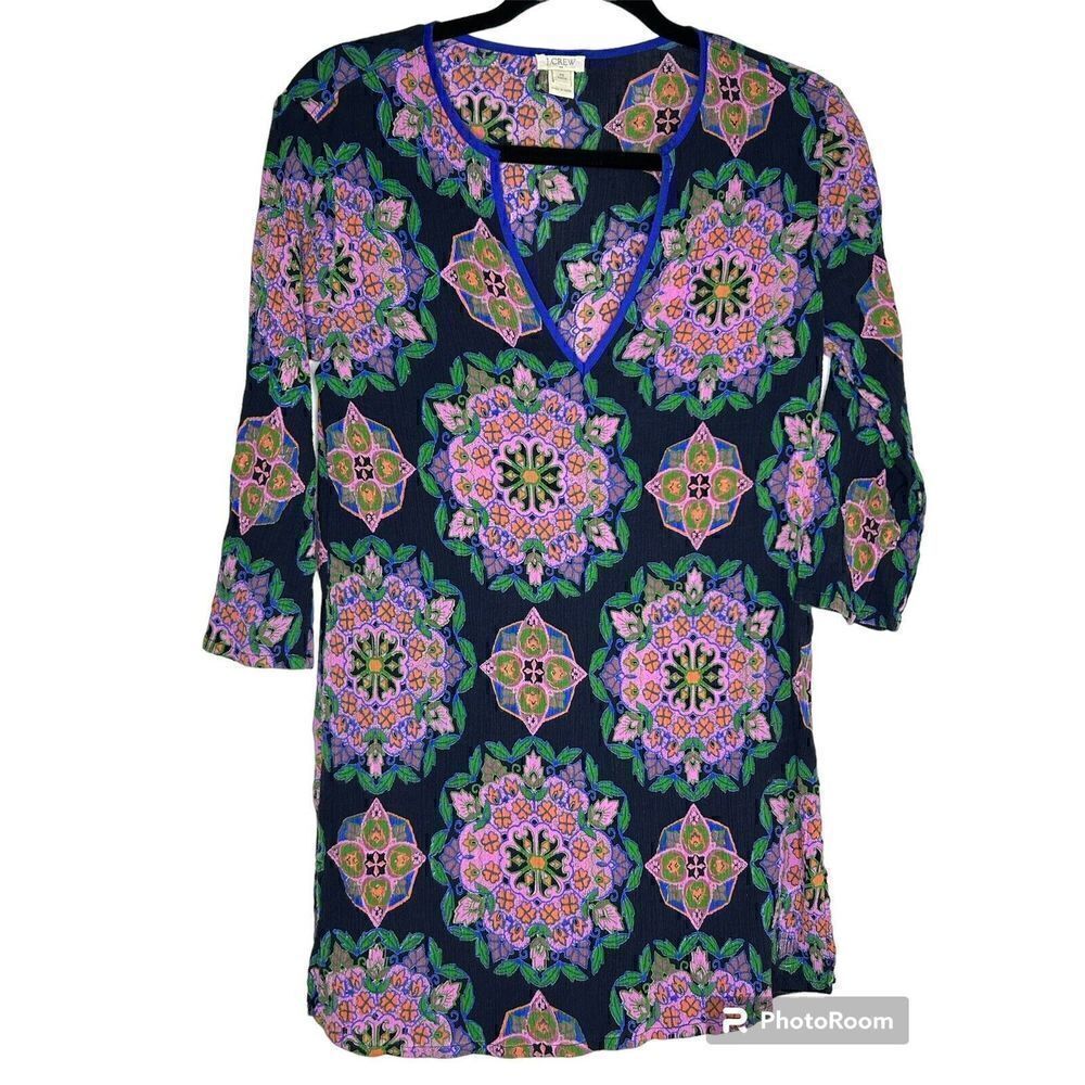 J.Crew Factory Tissue Tunic Floral Print Blouse Size XS Blue Pink Orange